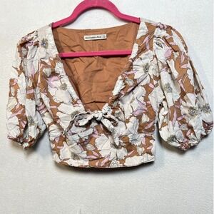 Abercrombie & Fitch Floral Tie Front Puff Sleeve Crop Top Brown Mauve Small